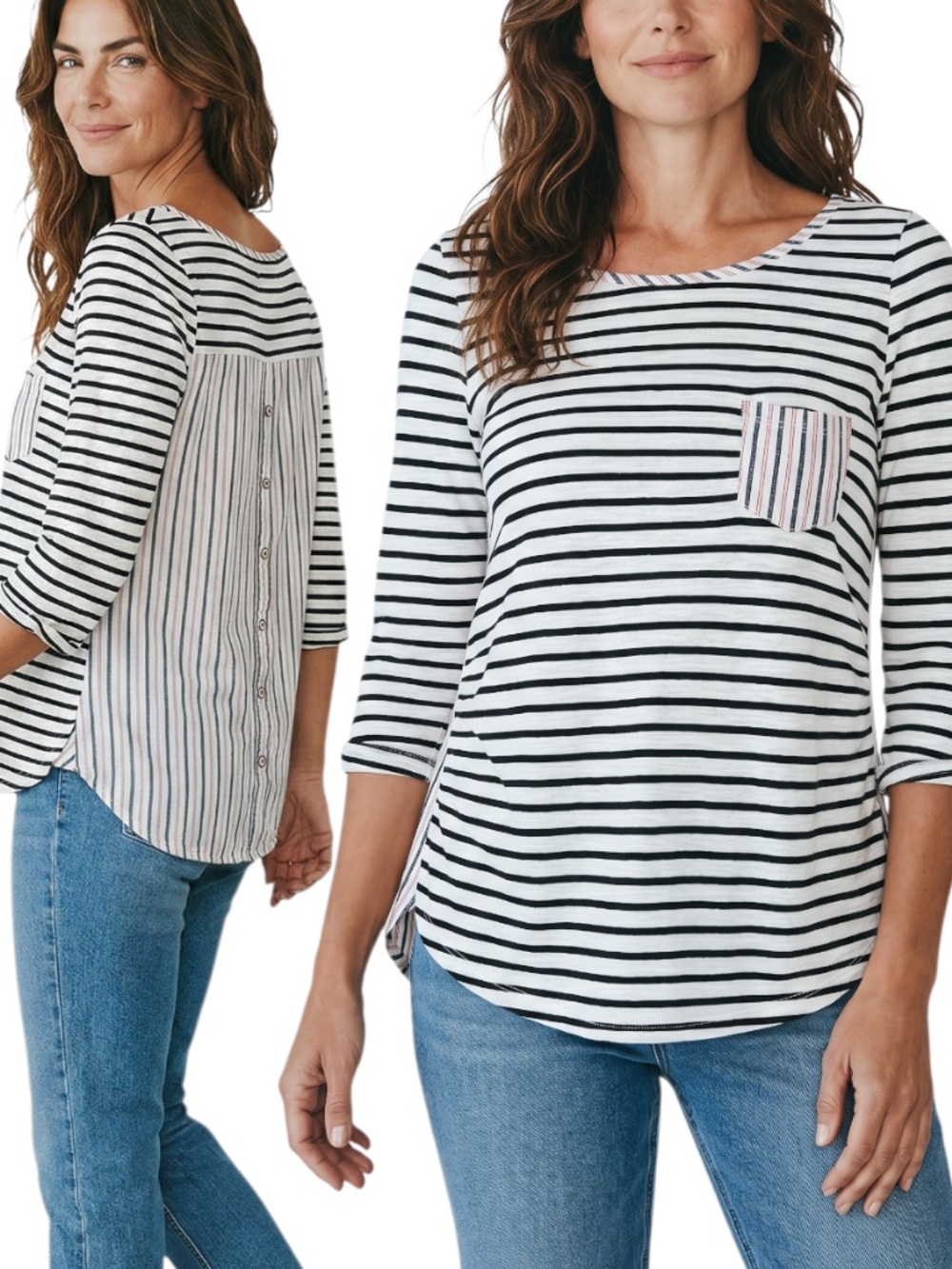 Anthropologie Mixed Stripe Top Button Back 3/4 Sleeve Cotton Small